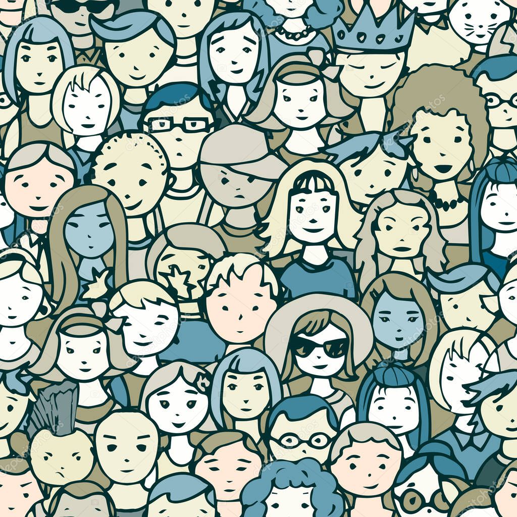 Seamless pattern of hand drawn people faces. Vector illustration of crowd of people