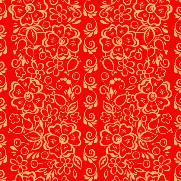 Ручной рисунок цветов и листа бесшовный узор в русском народном стиле. векторный цветочный фон — стоковый вектор