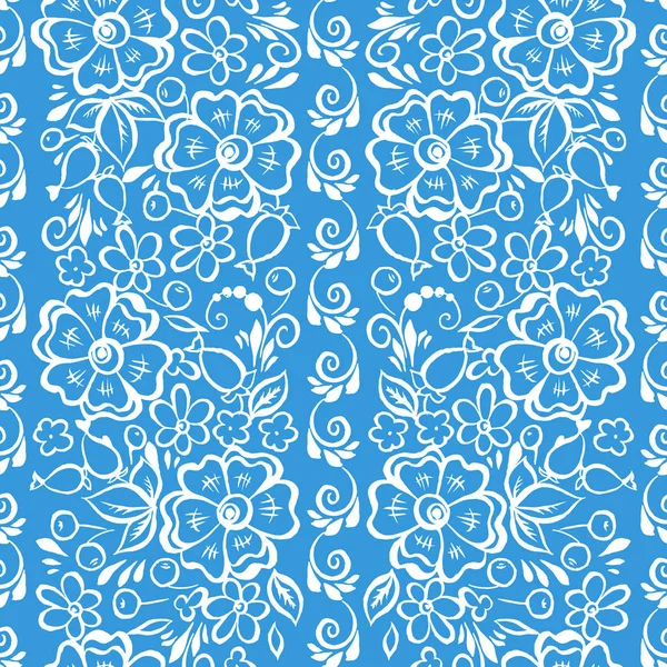 Handgezeichnete Blumen und Blatt nahtlose Muster im russischen Volksstil. Vektor floraler Hintergrund — Stockvektor