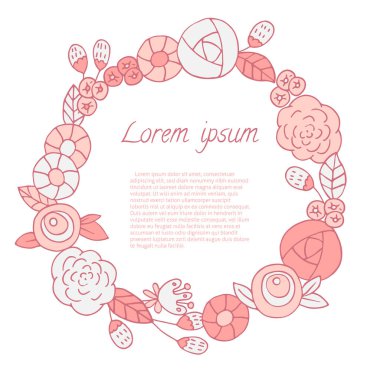 Doodle Leaf ve Flowers yuvarlak çerçeveli. Davetiye kartları için el çizilmiş çelenklerin vektör illüstrasyonu, tarihi ve düğün kartı tasarımını kaydet.