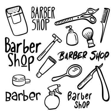 Doodle eskiz berberi, kuaför ikonları. El çizimi kuaför salonu simgeleri ayarlandı.