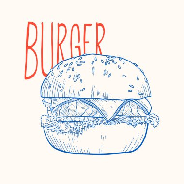 Büyük hamburger, hamburger eli çizilmiş vektör çizimi eskiz geriye dönük tarzı