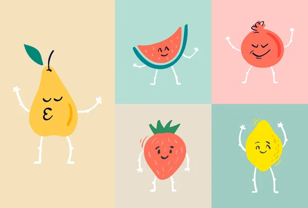 Cartoon Lustige Fruchtcharaktere Tanzen Erdbeeren Wassermelonen Granatäpfel Zitronen Und Birnen — Stockvektor
