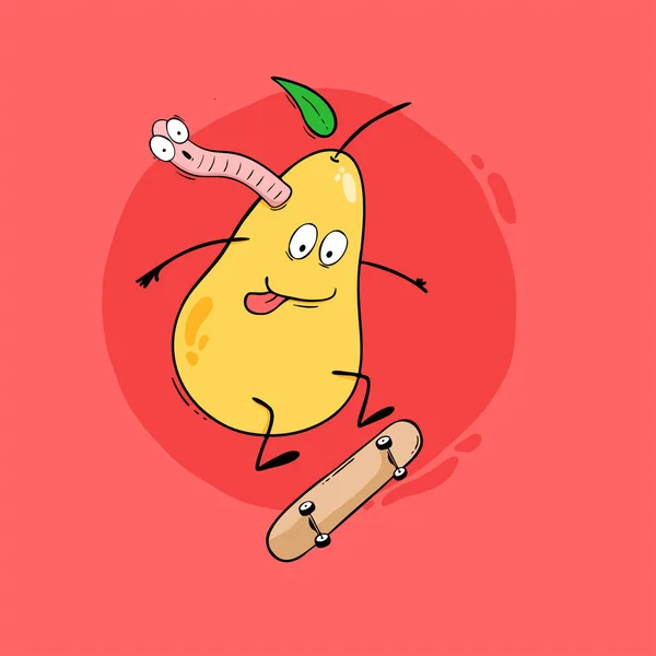 Funny Fruit Character Skateboarding Pear Worm — Stock Vector