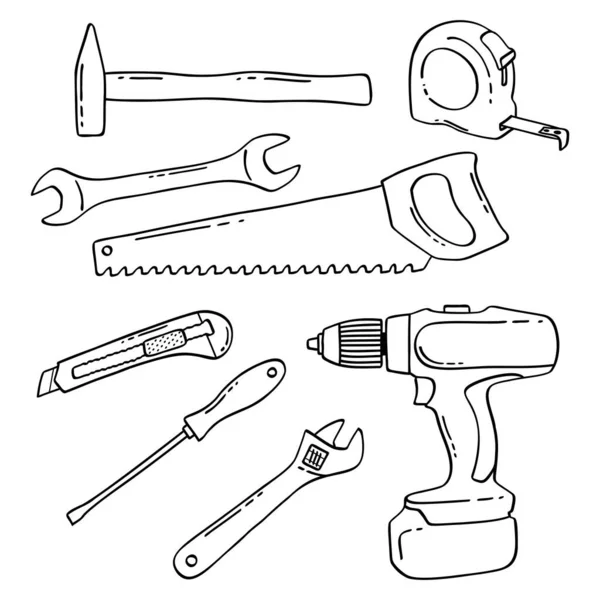 Doodle Set Working Construction Tools — Stock Vector