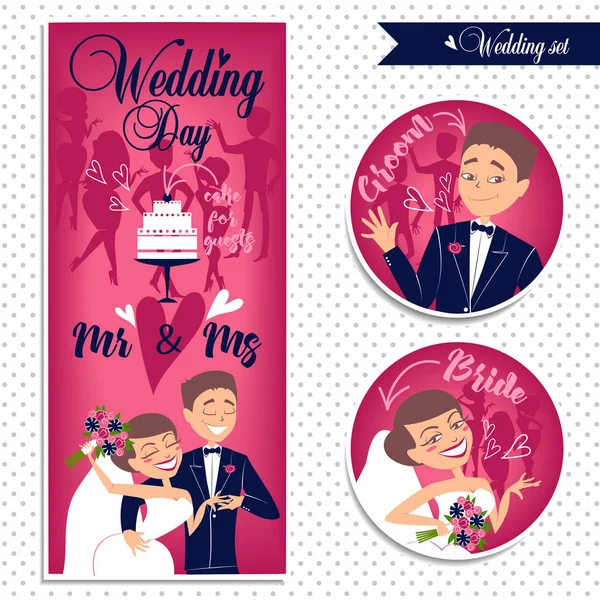 Tarjeta de boda y pegatinas . — Vector de stock