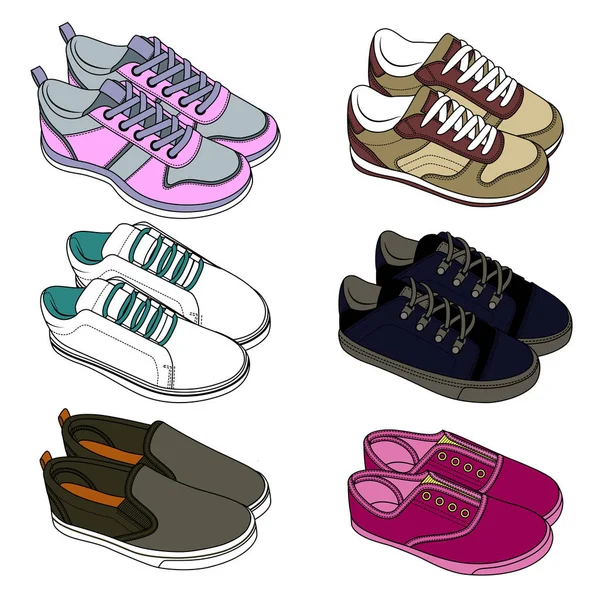 Spor ayakkabı. Spor ayakkabıları. Kroki. Yetişkinler ve çocuklar için. — Stok Vektör