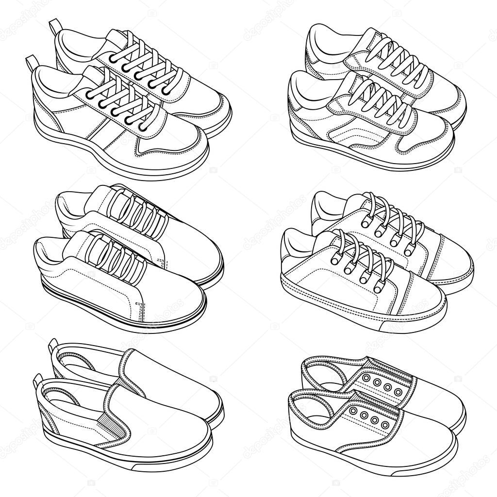 6 COOL shoes, sneakers, vector, sketch, draw set