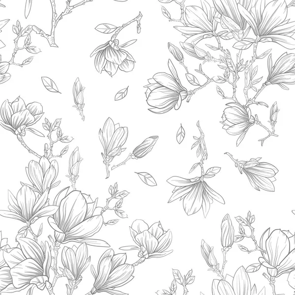 Flowers seamless pattern. Outline, black and white — Stock Vector