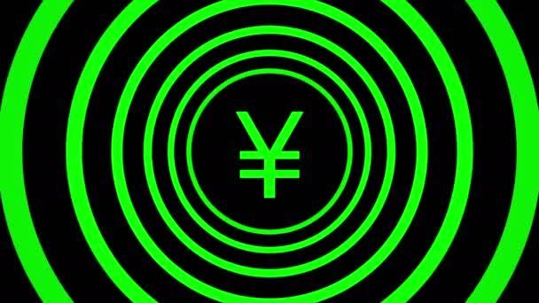 Wachsende japanische Yen-Zeichen umgeben von grünen Kreisen - visuelle Illusion. — Stockvideo