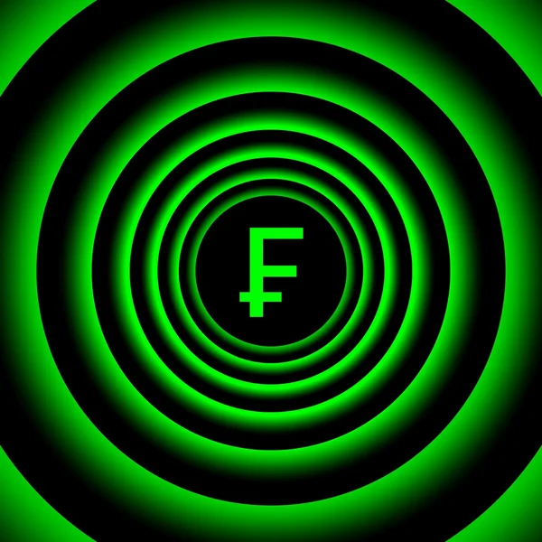 Groeiende Zwitserse frank teken, omgeven door groene wazig cirkels - visuele illusie. — Stockfoto