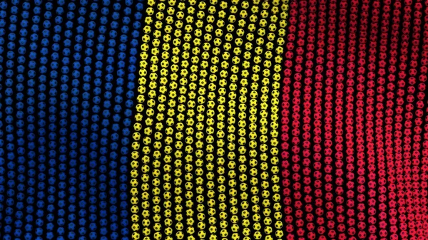 Vlag van Roemenië, bestaande uit veel ballen wapperen in de wind, op een zwarte achtergrond. 3D illustratie. — Stockfoto