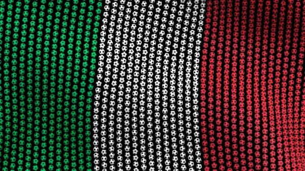 Vlag van Italië, dat bestaat uit vele voetballen wapperen in de wind, op een zwarte achtergrond. 3D illustratie. — Stockfoto