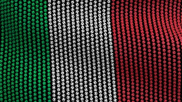 Прапор Італії, що складається з багатьох футбольні м'ячі розвіваються на вітрі, на чорному тлі. 3D ілюстрація. — стокове фото
