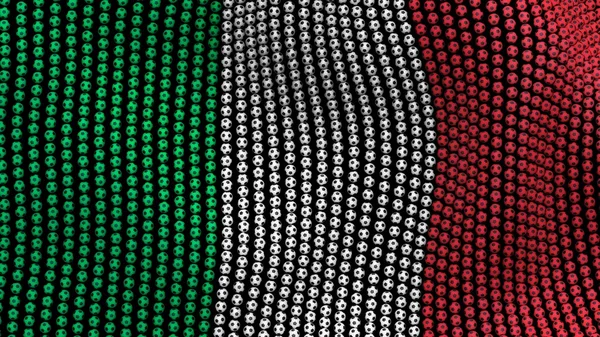 Прапор Італії, що складається з багатьох футбольні м'ячі розвіваються на вітрі, на чорному тлі. 3D ілюстрація. — стокове фото