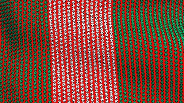 Bandera de Nigeria, que consiste en muchas pelotas de fútbol revoloteando en el viento, sobre un fondo rojo. Ilustración 3D . —  Fotos de Stock