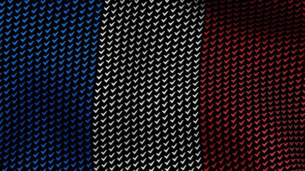 Drapeau de la France agite dans le vent, composé de symboles de choix, sur un fond noir. rendu 3D . — Photo