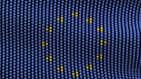 Vlajka Evropské unie, skládající se z mnoha fotbalových míčů vlaje ve větru, na černém pozadí. 3D obrázek. — Stock fotografie