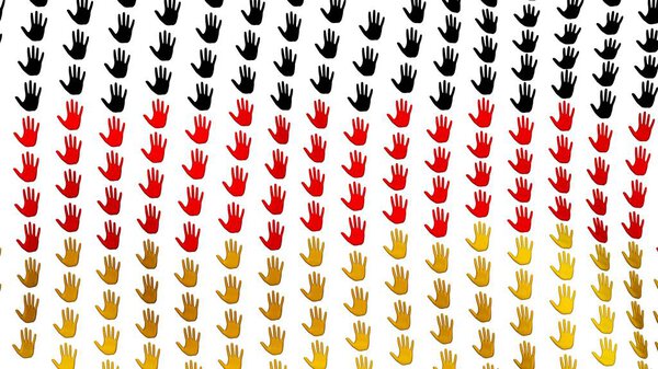 Флаг Германии машет на ветру, состоящий из больших рук, на белом фоне
.