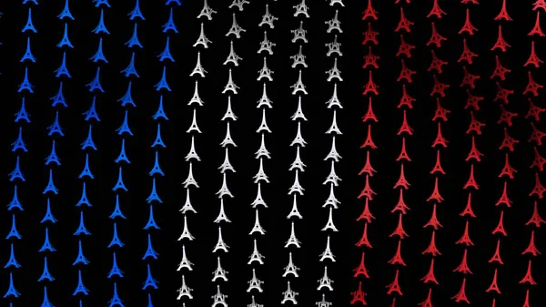 Frankreich-Flagge weht im Wind, bestehend aus großen Eiffeltürmen, auf schwarzem Hintergrund. 3D-Darstellung. — Stockfoto