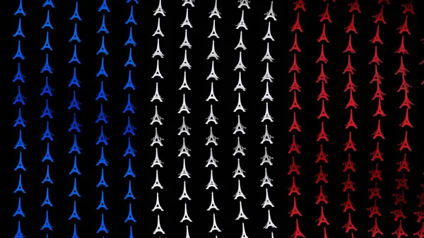 Frankreich-Flagge weht im Wind, bestehend aus großen Eiffeltürmen, auf schwarzem Hintergrund. 3D-Darstellung. — Stockfoto