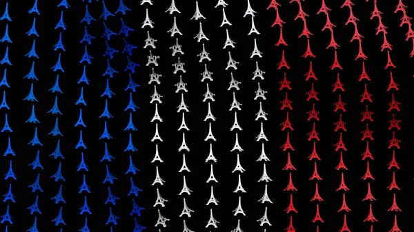 프랑스 국기는 검은 배경에 큰 에펠 타워로 구성 된 바람에 물결치는. 3d 렌더링. — 스톡 사진