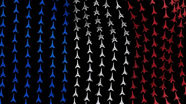 Vlag van Frankrijk is wapperend in de wind, bestaande uit grote Eiffel torens, op een zwarte achtergrond. 3D render. — Stockfoto