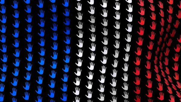 Franciaország lobogója integetett a szél, nagy kezek, fekete alapon álló. 3D render. — Stock Fotó