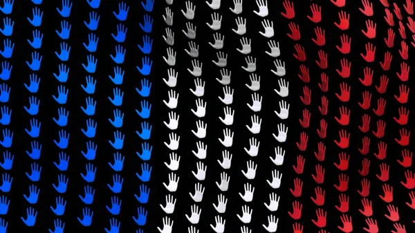 Drapeau de la France agite dans le vent, composé de grandes mains, sur un fond noir. rendu 3D . — Photo