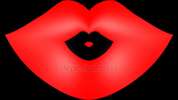 Entgegenkommende konzentrische verschachtelte rote Lippen verwandeln sich in einen Kuss auf schwarzem Hintergrund. 4k, 3840x2160 Looping-Video. — Stockvideo