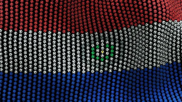 Flaggan i Paraguay, som består av många fotbollar som fladdrar i vinden, på en svart bakgrund. 3D illustration. — Stockfoto
