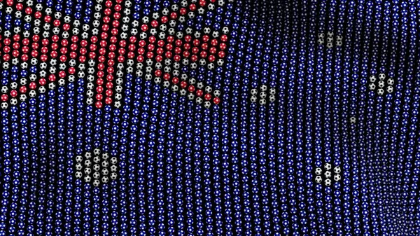 Zászló Ausztrália, amely a sok futball-labdák, csapkodott a szélben, a fekete háttér. 3D-s illusztráció. — Stock Fotó