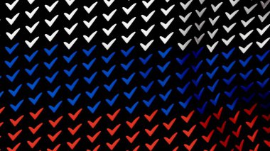 Rus bayrağı siyah bir arka plan onay işareti sembolleri oluşan Rüzgar sallıyor. 3D render resim.