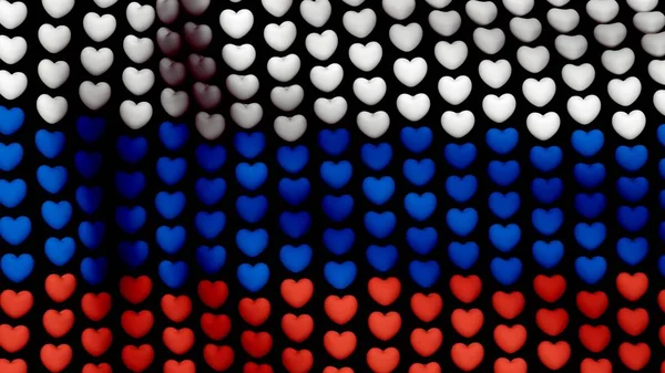 Флаг России машет на ветру, состоящем из больших сердец, на черном фоне. 3D рендеринг изображения. Избирательные символы формируют флаг России . — стоковое фото