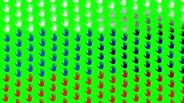 Ryska flaggan vajade i vinden, som består av stora händer, på en grön bakgrund. Sömlös looping video. 4 k 3d render. Grön skärm. — Stockvideo