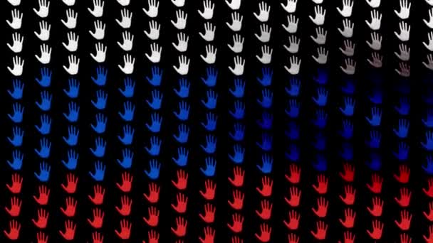 Bandera rusa ondea en el viento, que consiste en grandes manos, sobre un fondo negro. Vídeo de bucle sin fisuras. Renderizado 3D 4K. Pantalla negra . — Vídeos de Stock