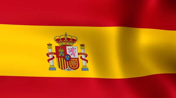 Bandera del Reino de España con el escudo de armas, ondeando en el viento. Representación 3D. Son diferentes fases del movimiento de la bandera de primer plano en el viento . — Foto de Stock