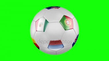 Konfederasyon Kupası 2017. Futbol topu ilmekledi bir spin ile Rusya, Almanya, Avustralya, Şili, Meksika, Yeni Zelanda, Portekiz ve Kamerun bayrakları. 4k, 3840 x 2160. Kesintisiz döngü video. 3D render. Yeşil ekran.