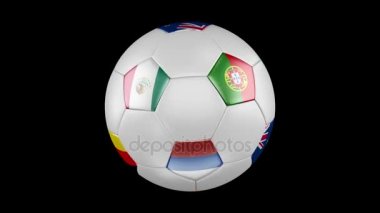 Konfederasyon Kupası 2017. Futbol topu ilmekledi bir spin ile Rusya, Almanya, Avustralya, Şili, Meksika, Yeni Zelanda, Portekiz ve Kamerun bayrakları. 4k, 3840 x 2160. Kesintisiz döngü video. 3D render. Siyah ekran.