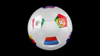 Konfederasyon Kupası 2017. Futbol topu ilmekledi bir spin ile Rusya, Almanya, Avustralya, Şili, Meksika, Yeni Zelanda, Portekiz ve Kamerun animasyonlu bayrakları. 4k, 3840 x 2160. Kesintisiz döngü video. 3D render. Siyah ekran.