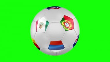 Konfederasyon Kupası 2017. Futbol topu ilmekledi bir spin ile Rusya, Almanya, Avustralya, Şili, Meksika, Yeni Zelanda, Portekiz ve Kamerun animasyonlu bayrakları. 4k, 3840 x 2160. Kesintisiz döngü video. 3D render. Yeşil ekran.