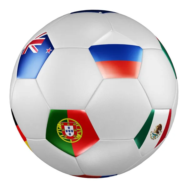 Confederations Cup 2017. Groep A. voetbal met vlaggen van Portugal, Rusland, Mexico, Nieuw-Zeeland op wit scherm. 3D-rendering. — Stockfoto