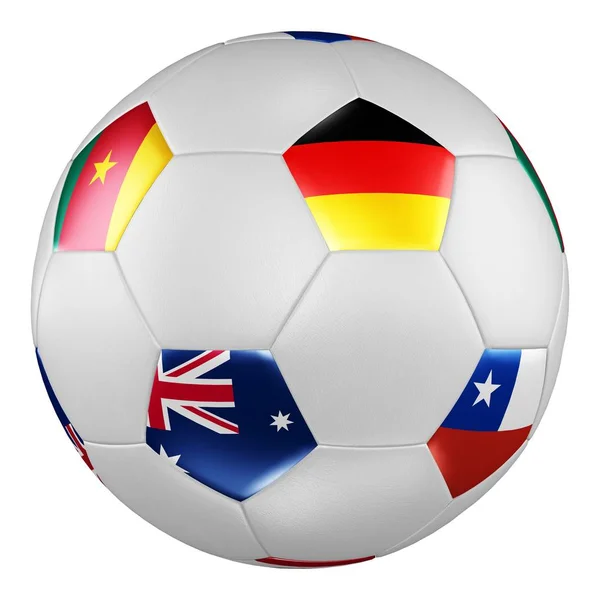 Confederations Cup 2017. Gruppe a. Fußball mit Fahnen von Russland, Mexiko, Neuseeland, Portugal auf weißer Leinwand. 3D-Darstellung. — Stockfoto