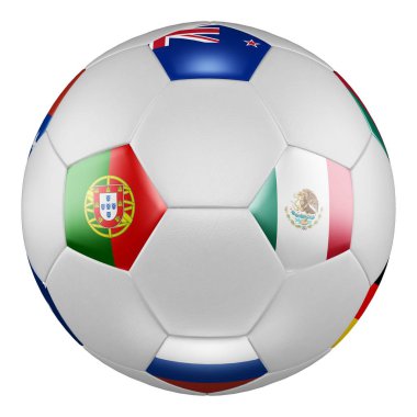 Konfederasyon Kupası 2017 Grup A. maç Portekiz vs Meksika. Futbol topu ile Rusya, Meksika, Yeni Zelanda, Portekiz bayrakları beyaz ekran üzerinde. 3D render. 