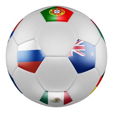 Konfederasyon Kupası 2017 Grup A. maç Rusya vs Yeni Zelanda. Futbol topu ile Rusya, Meksika, Yeni Zelanda, Portekiz bayrakları beyaz ekran üzerinde. 3D render. 
