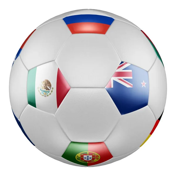 Confederations Cup 2017 Gruppo A Partita Messico vs Nuova Zelanda. Pallone da calcio con bandiere di Russia, Messico, Nuova Zelanda, Portogallo sullo schermo bianco. Rendering 3D . — Foto Stock