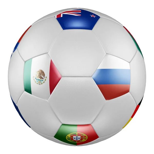 Confederations Cup 2017 Gruppe a. Spiel Mexiko gegen Russland. Fußball mit Fahnen von Russland, Mexiko, Neuseeland, Portugal auf weißer Leinwand. 3D-Darstellung. — Stockfoto