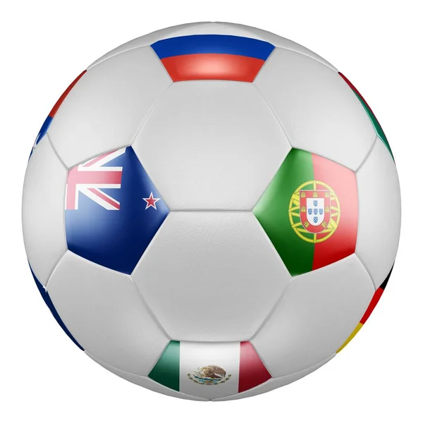 Confederations Cup 2017 Gruppe a. Spiel Neuseeland gegen Portugal. Fußball mit Fahnen von Russland, Mexiko, Neuseeland, Portugal auf weißer Leinwand. 3D-Darstellung. — Stockfoto