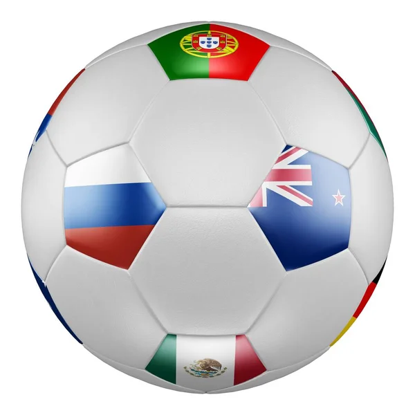 Confederations Cup 2017 Gruppe a. Spiel Russland gegen Neuseeland. Fußball mit Fahnen von Russland, Mexiko, Neuseeland, Portugal auf weißer Leinwand. 3D-Darstellung. — Stockfoto