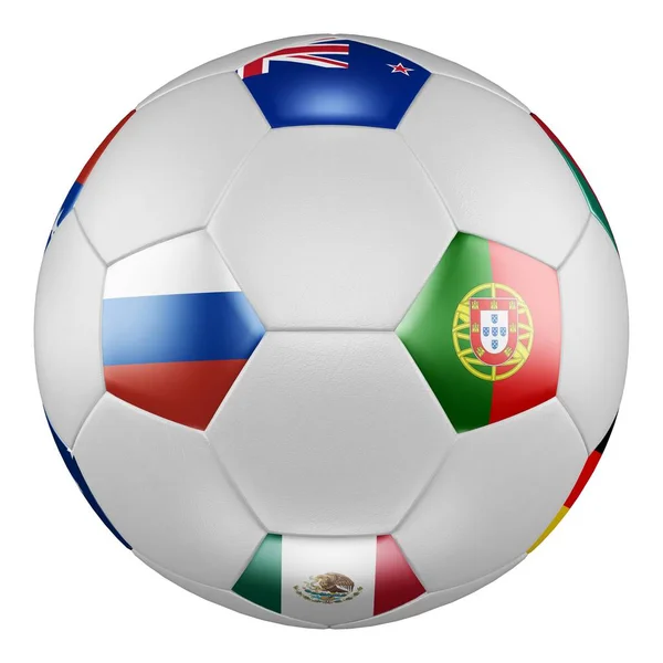 Confederations Cup 2017 Gruppe a. Spiel Russland gegen Portugal. Fußball mit Fahnen von Russland, Mexiko, Neuseeland, Portugal auf weißer Leinwand. 3D-Darstellung. — Stockfoto
